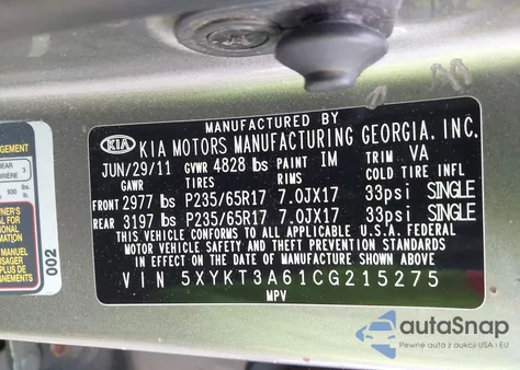 2012 Kia Sorento Lx из США, поврежденный, VIN 5XYKT3A61CG215275